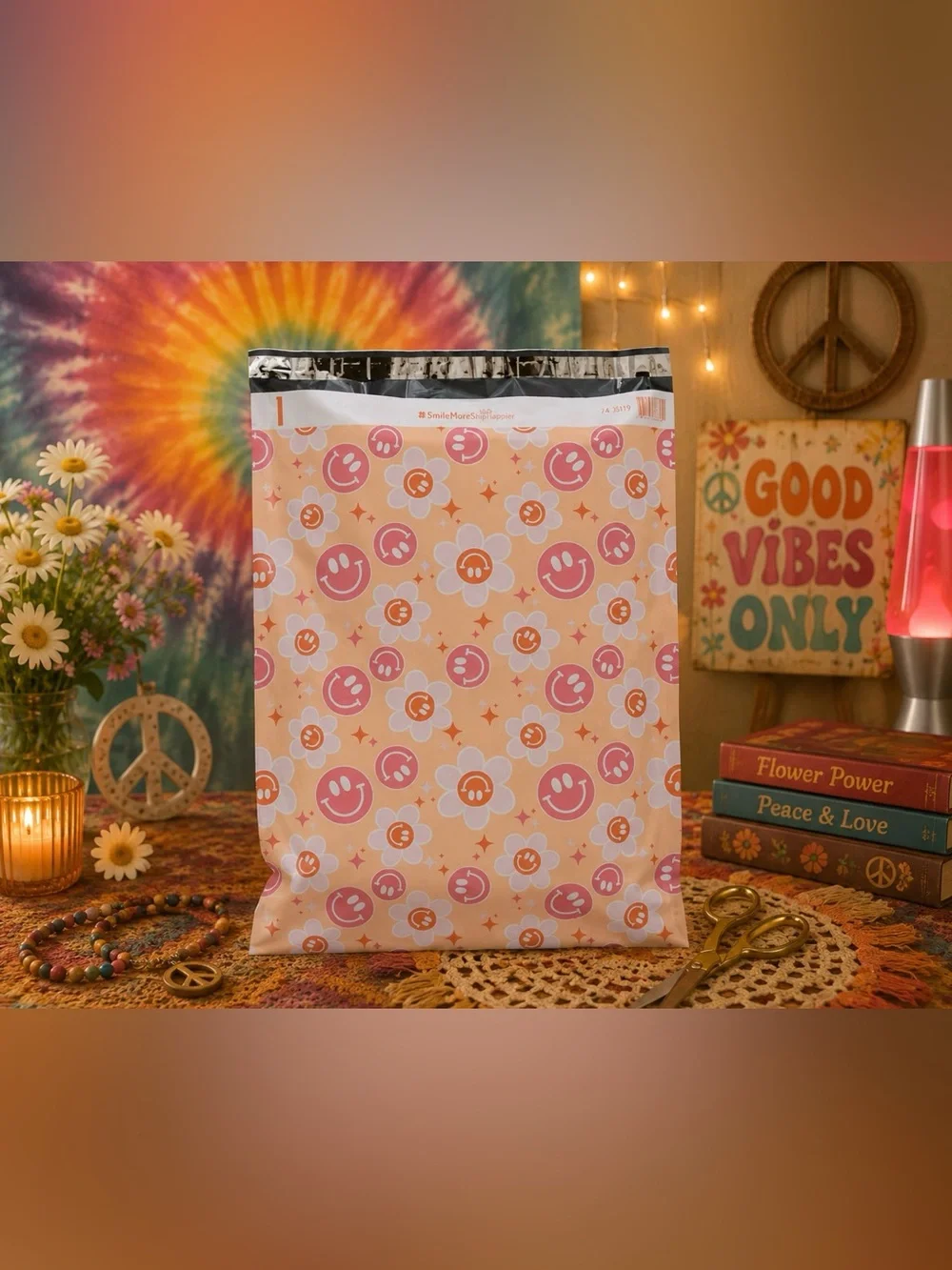 Set of 20 14.5” x 19” Smiling Daisy Hippie Inspired Poly Mailers